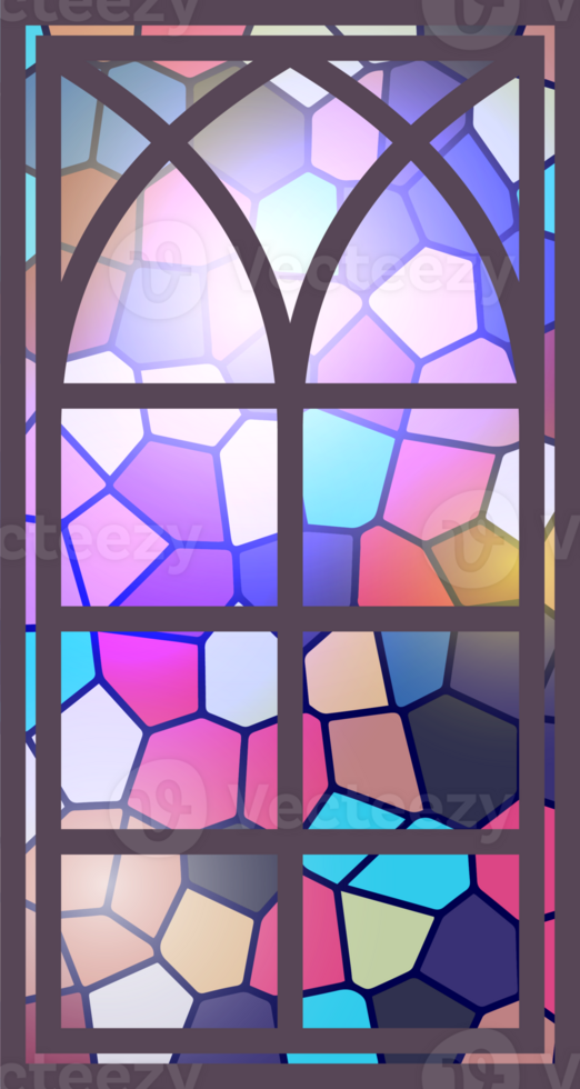 Gothic stained glass window. Church medieval arch. Catholic cathedral mosaic frame. Old architecture design. png