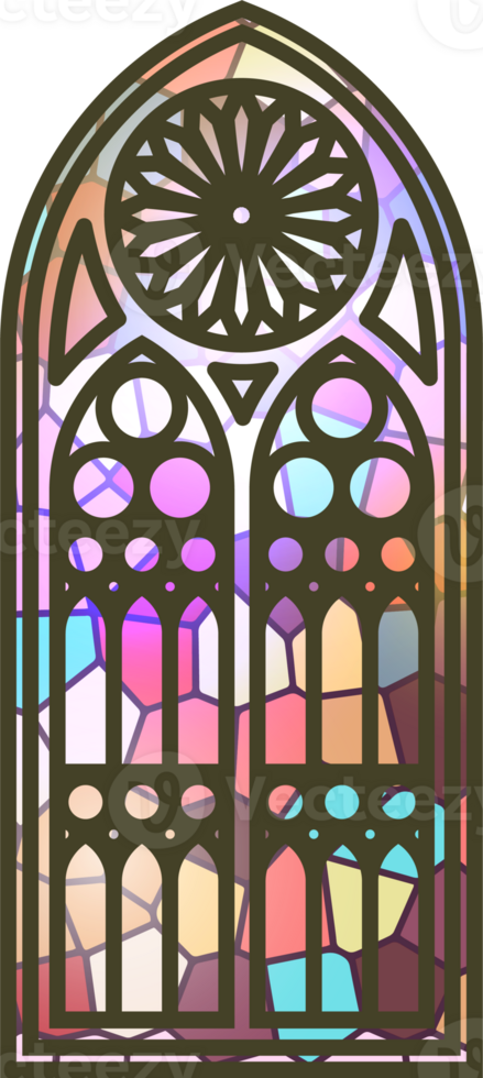Gothic stained glass window. Church medieval arch. Catholic cathedral mosaic frame. Old architecture design. png