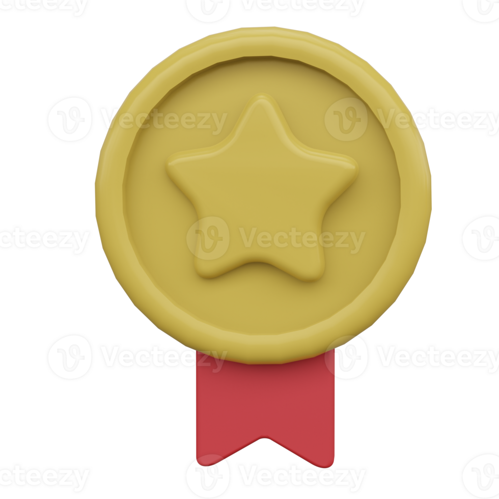 3D medal icon. Quality badge award. Prize and trophy with star and ribbon for winner. Warranty certificate symbol. Render cartoon illustration png