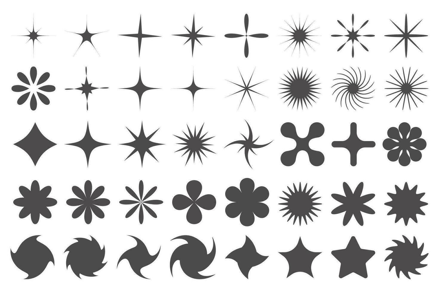 Y2k stars icons. Retro graphic elements for design. Modern rave symbols. Abstract geometric stars sparkles and futuristic twinkle shapes. Vector set of stickers on white background