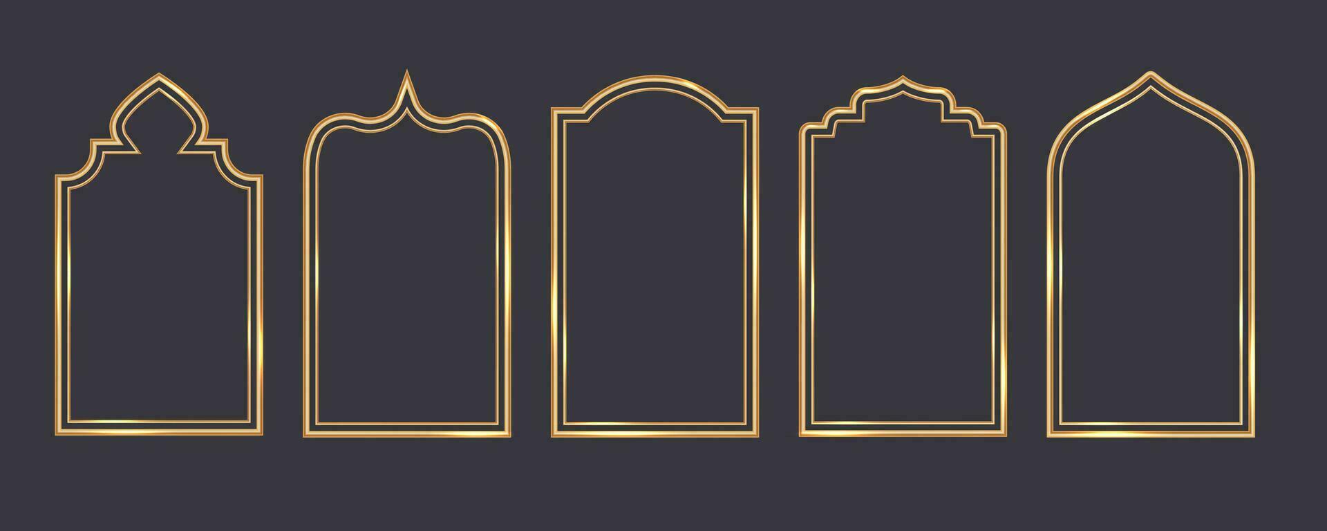 Ramadan window frame shapes. Islamic golden arches. Muslim mosque elements of architecture with ornament. Turkish gates and doors set. Vector