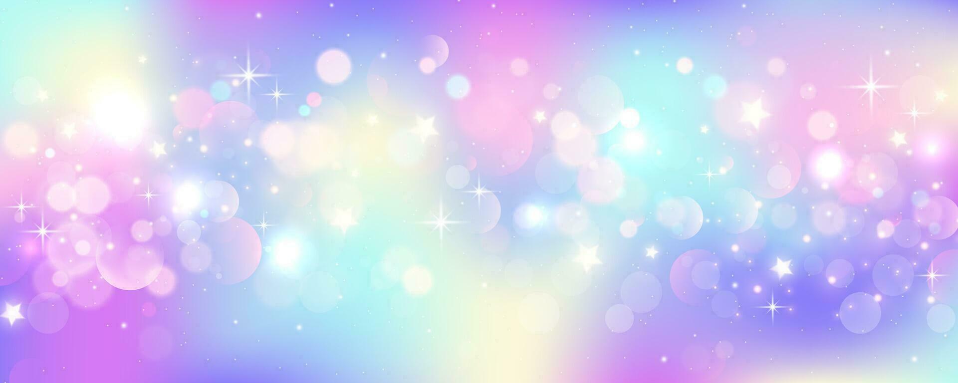 arco iris unicornio antecedentes. pastel Brillantina rosado fantasía galaxia. magia sirena cielo con Bokeh. holográfico kawaii resumen espacio con estrellas y destellos vector
