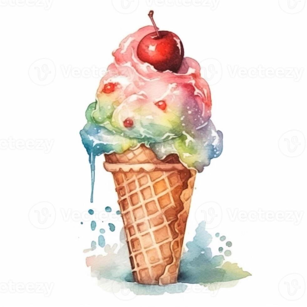 Watercolor illustration ice cream. photo