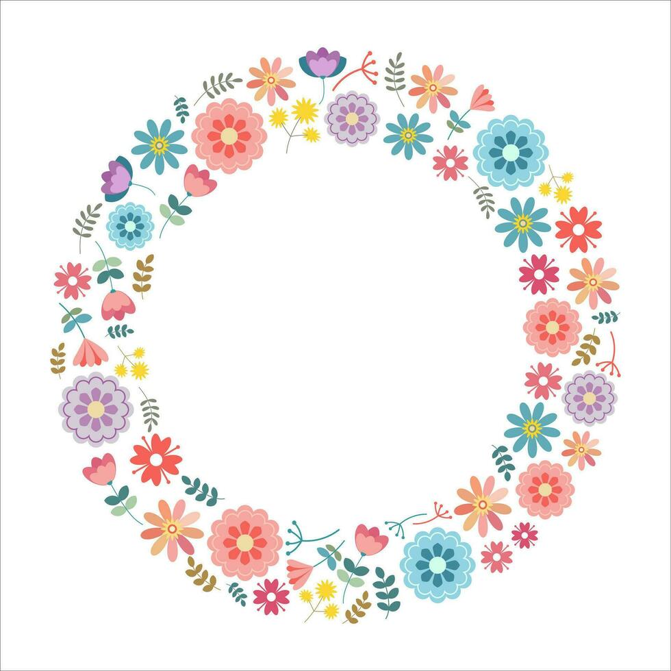 Vector floral wreath. Flower illustration in flat style. Round frame, trendy print, sticker, emblem, sublimation