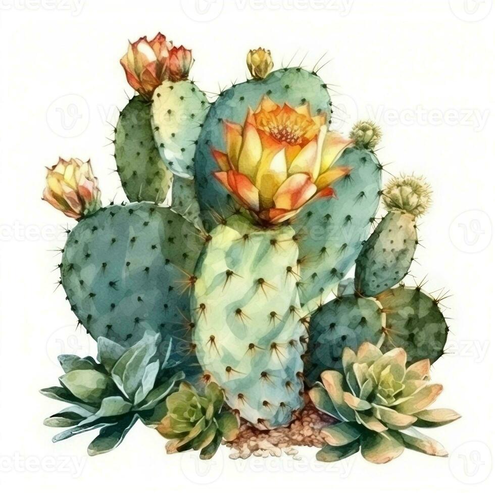 Watercolor illustration of a cactus. Houseplant, desert, succulent. For creating posters, stickers, postcards, prints, sublimations. AI generated photo