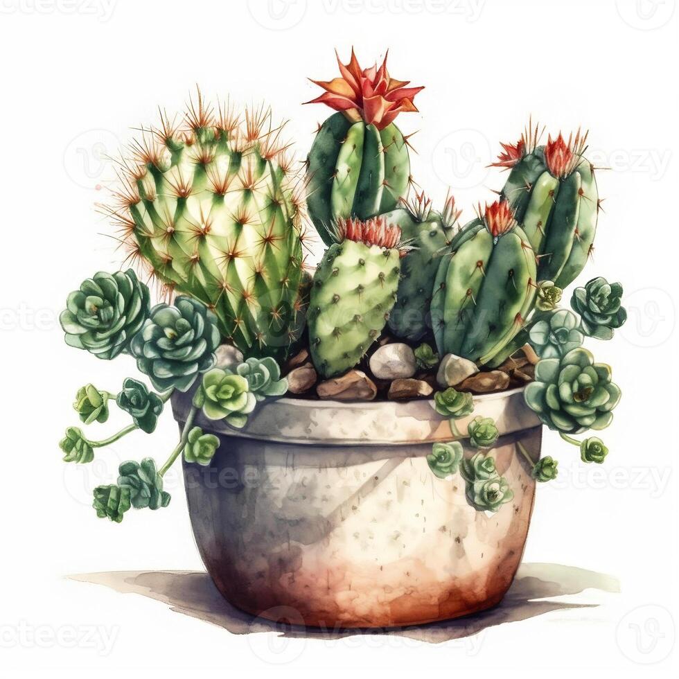 Watercolor illustration of a cactus. Houseplant, desert, succulent. For creating posters, stickers, postcards, prints, sublimations. AI generated photo