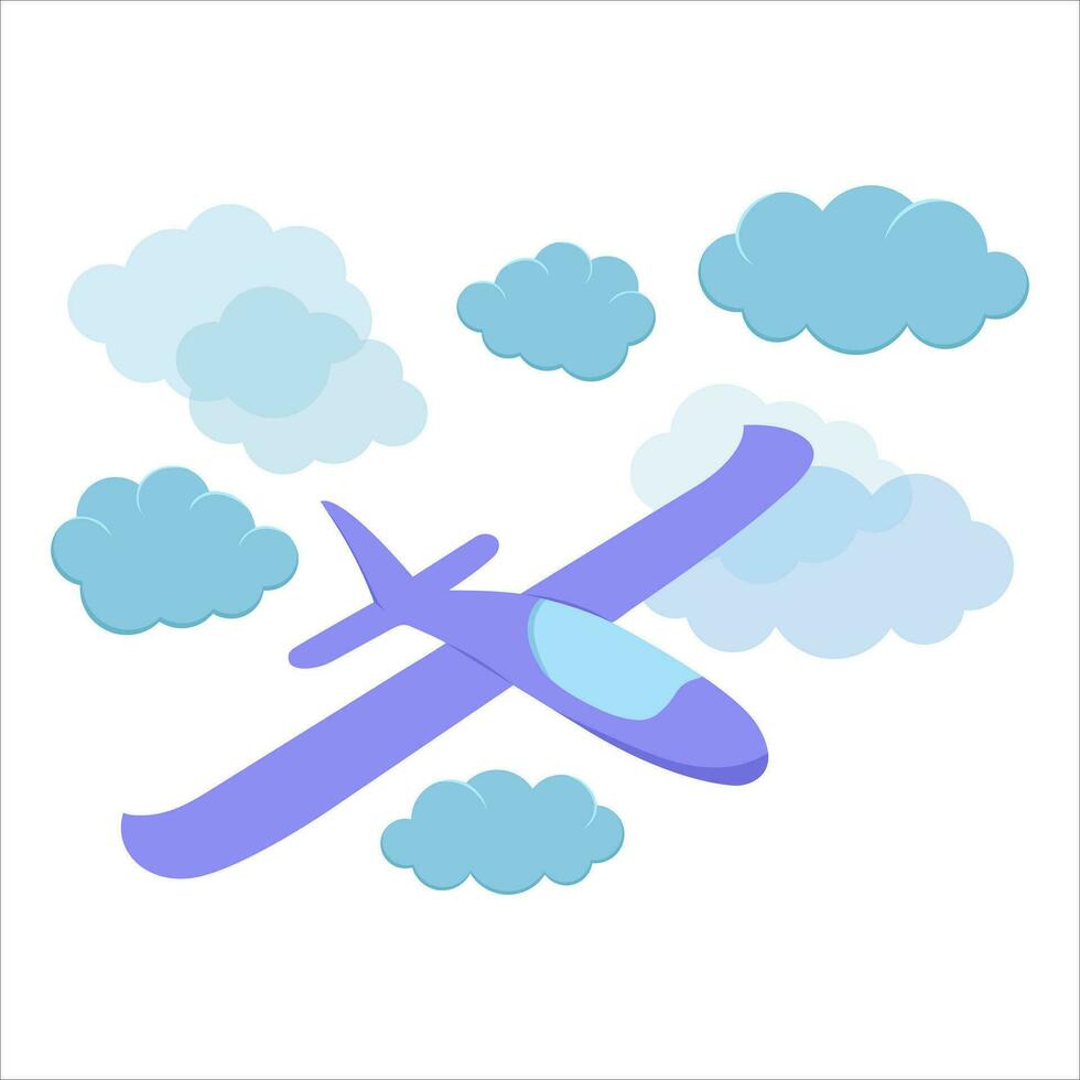 Airplane in the clouds, flying blue plane. Flat style vector illustration for design