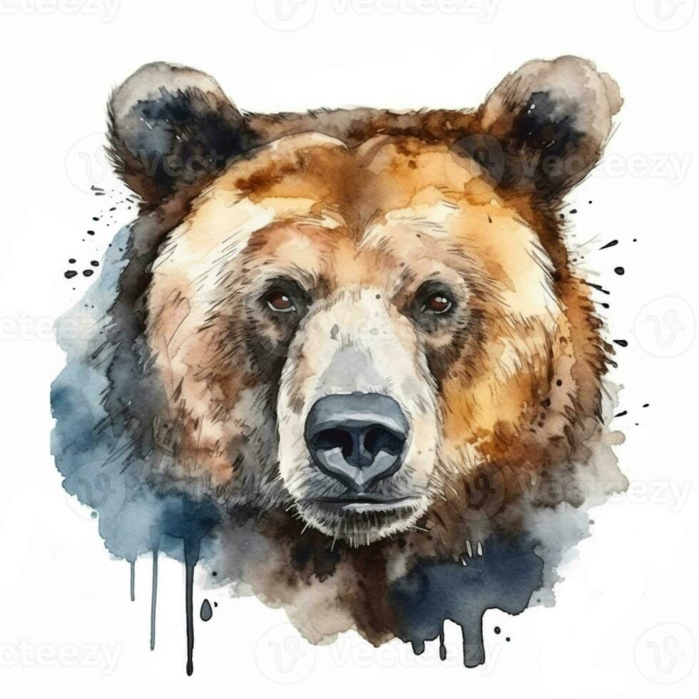 Bear watercolor illustration. Wild forest animal. Portrait. For creating posters, stickers, postcards, prints, sublimations. AI generated photo