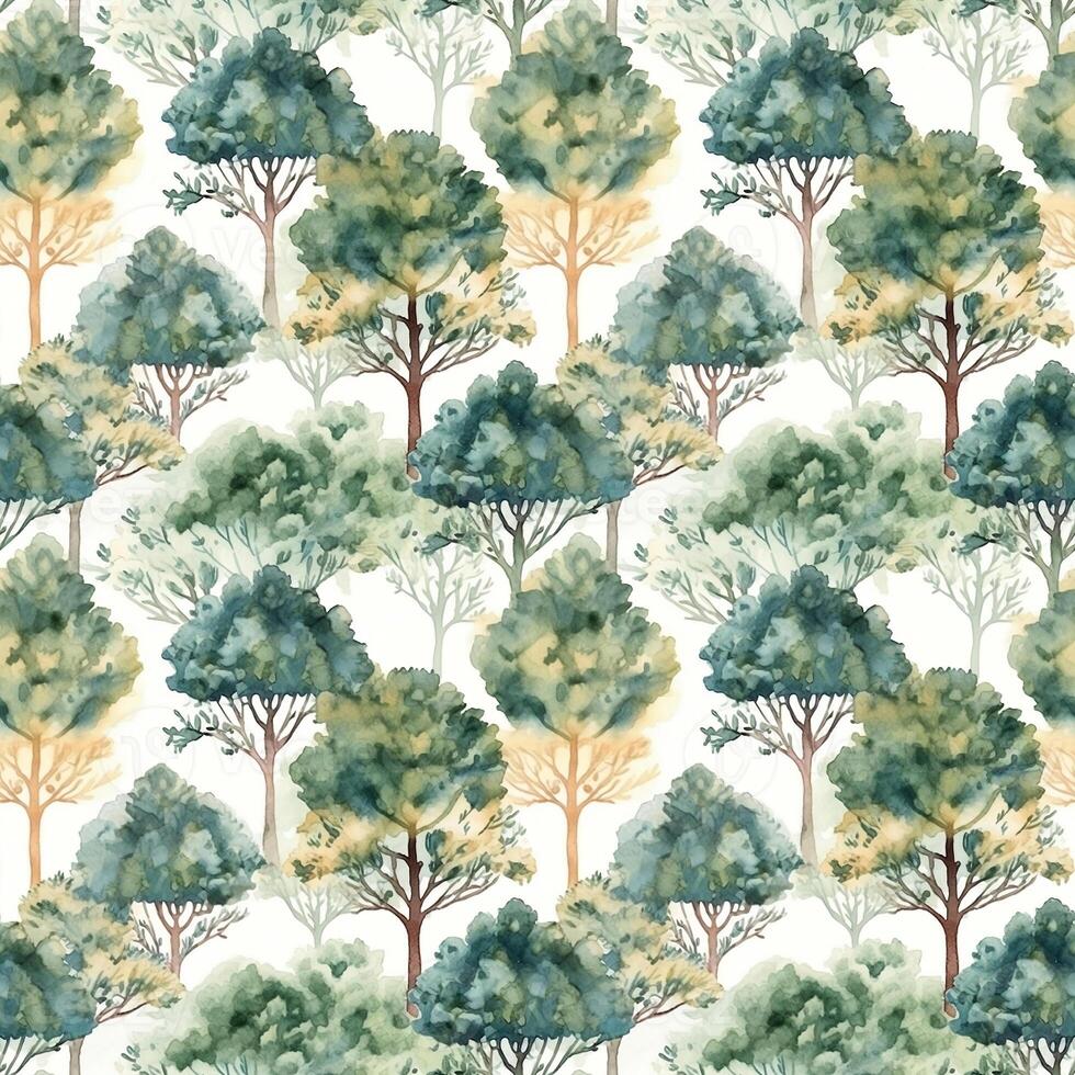 Watercolor seamless pattern of trees in green. Print, background, wallpaper, fabric, digital paper, packaging. photo