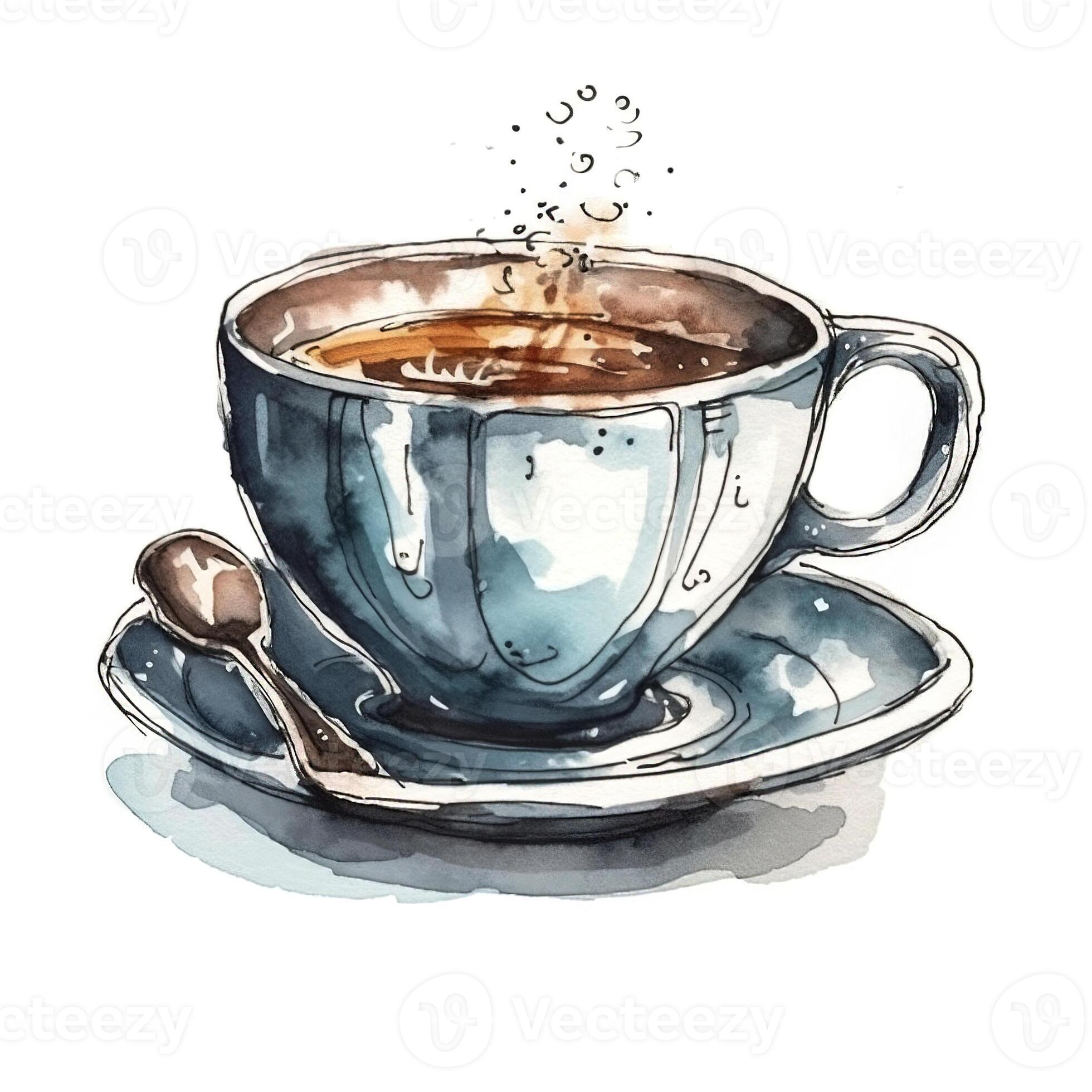 Watercolor cup of coffee. Sketch style illustration, hand draw, doodle. Icon, logo, print