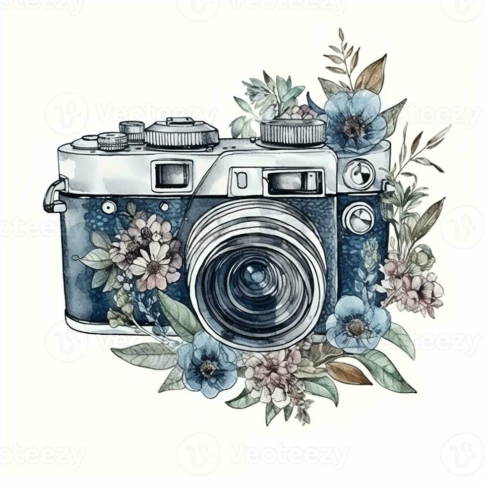 Watercolor photo camera with flowers. Sketch style illustration, hand draw, doodle, retro, vintage. Icon, logo, print, sublimation, clipart. AI generated