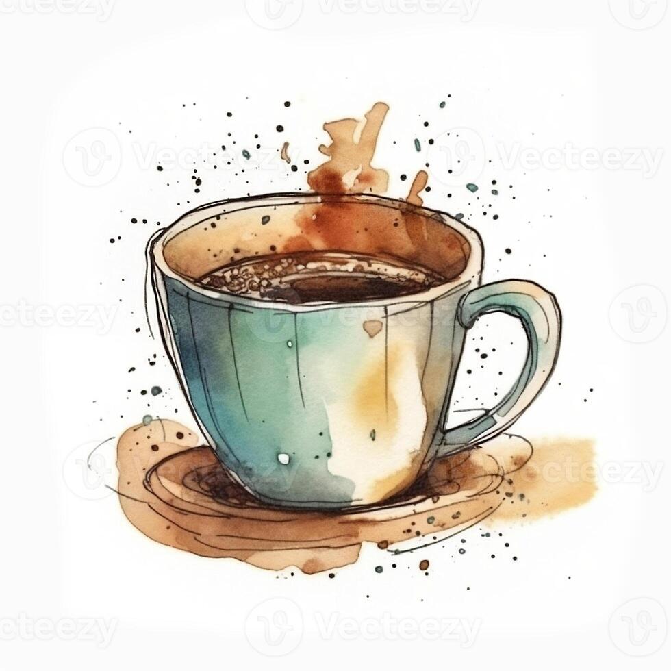 Watercolor cup of coffee. Sketch style illustration, hand draw, doodle. Icon, logo, print
