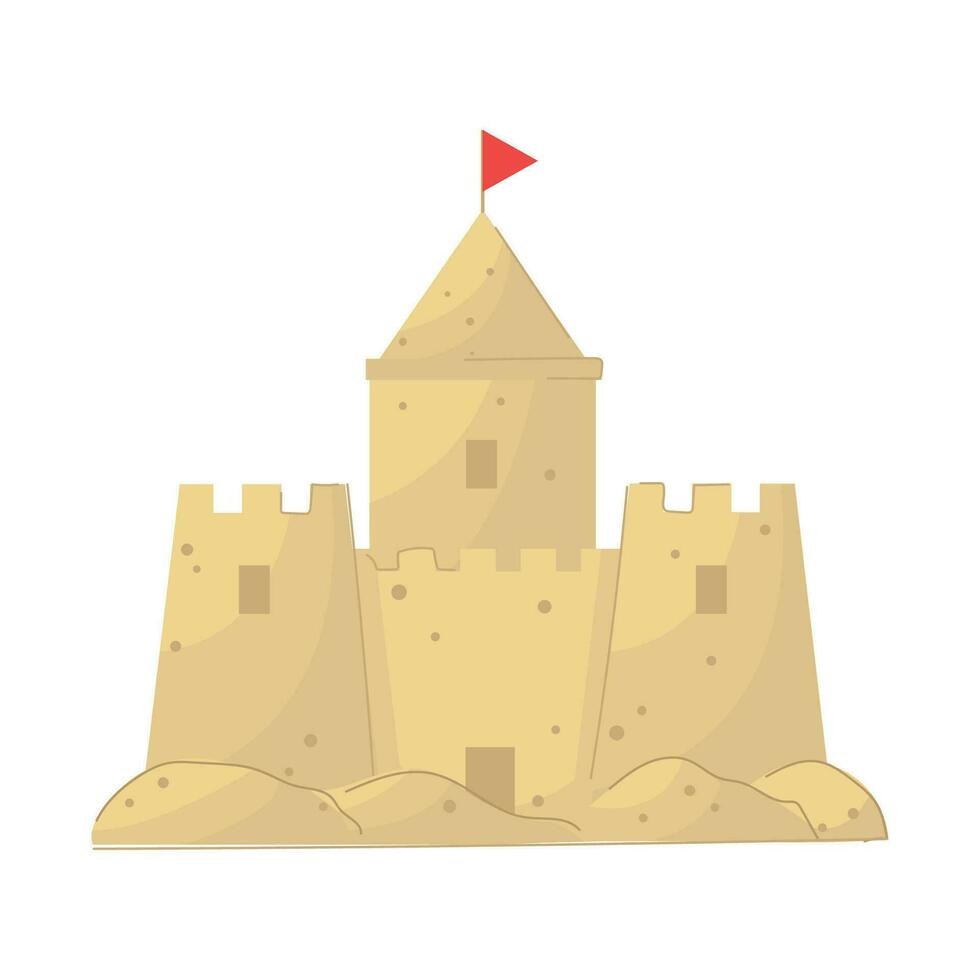 Cartoon style sand castle with red flag. vector