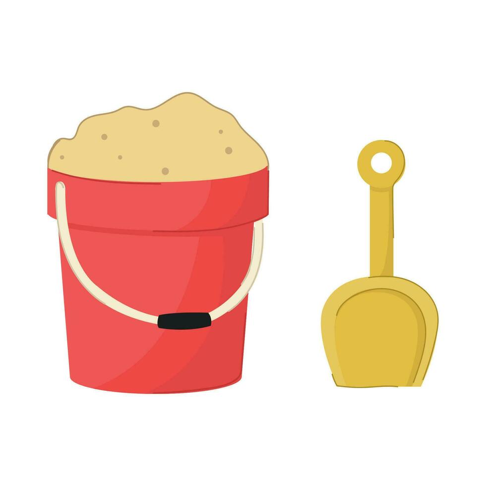 Cartoon style red sand bucket and a yellow shovel. vector