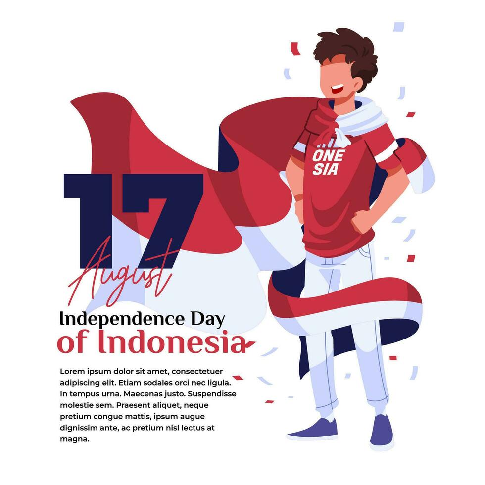 illustration of the celebration of Indonesian independence, a young man wearing a red and white flag vector