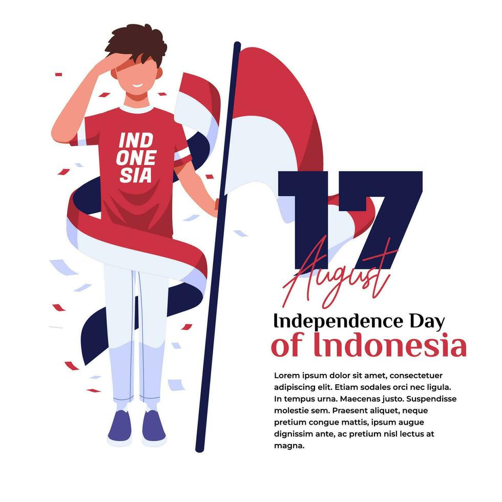 illustration of the celebration of Indonesian independence, a young man respectfully carrying a flag vector