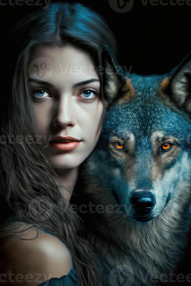 A Captivating Portrait of a Girl and Her Wolf in the Enchanted Woods. photo