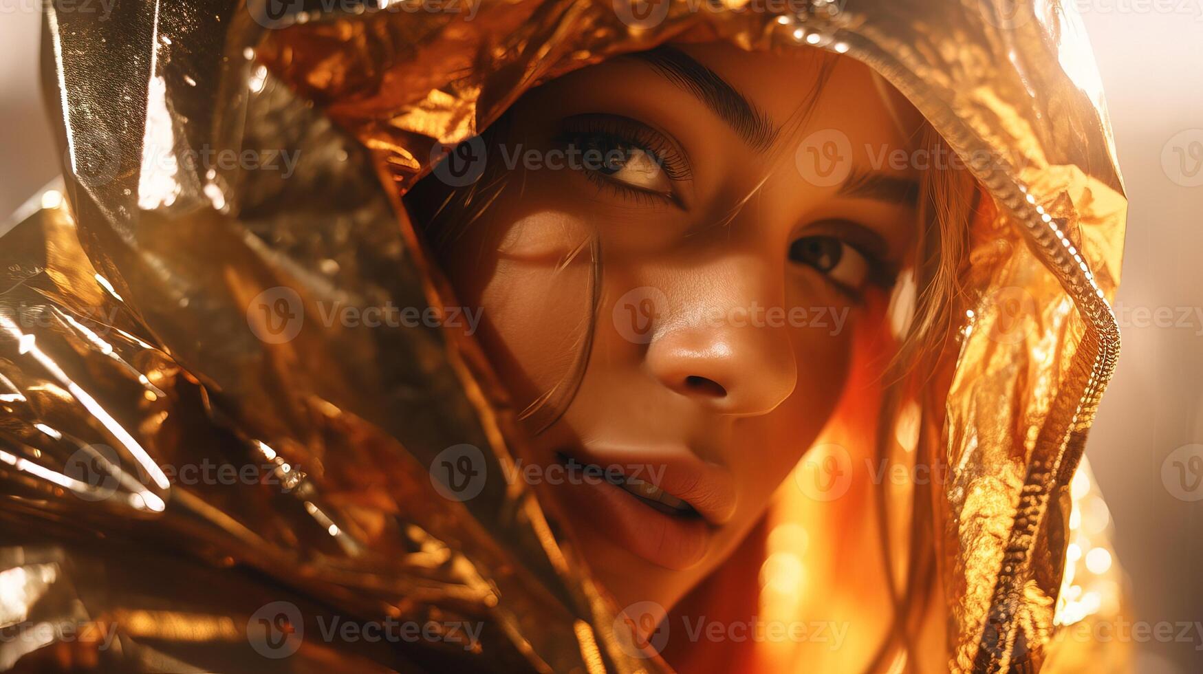 Fashion portrait of a beautiful girl decorated with gold foil. Generative AI photo