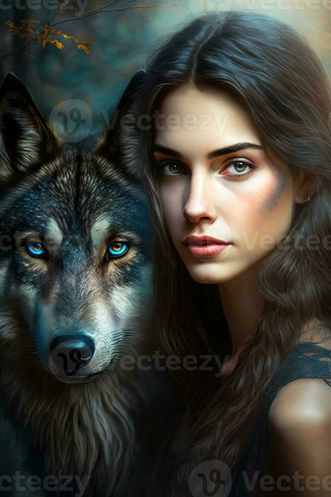 A Captivating Portrait of a Girl and Her Wolf in the Enchanted Woods. Generative AI photo