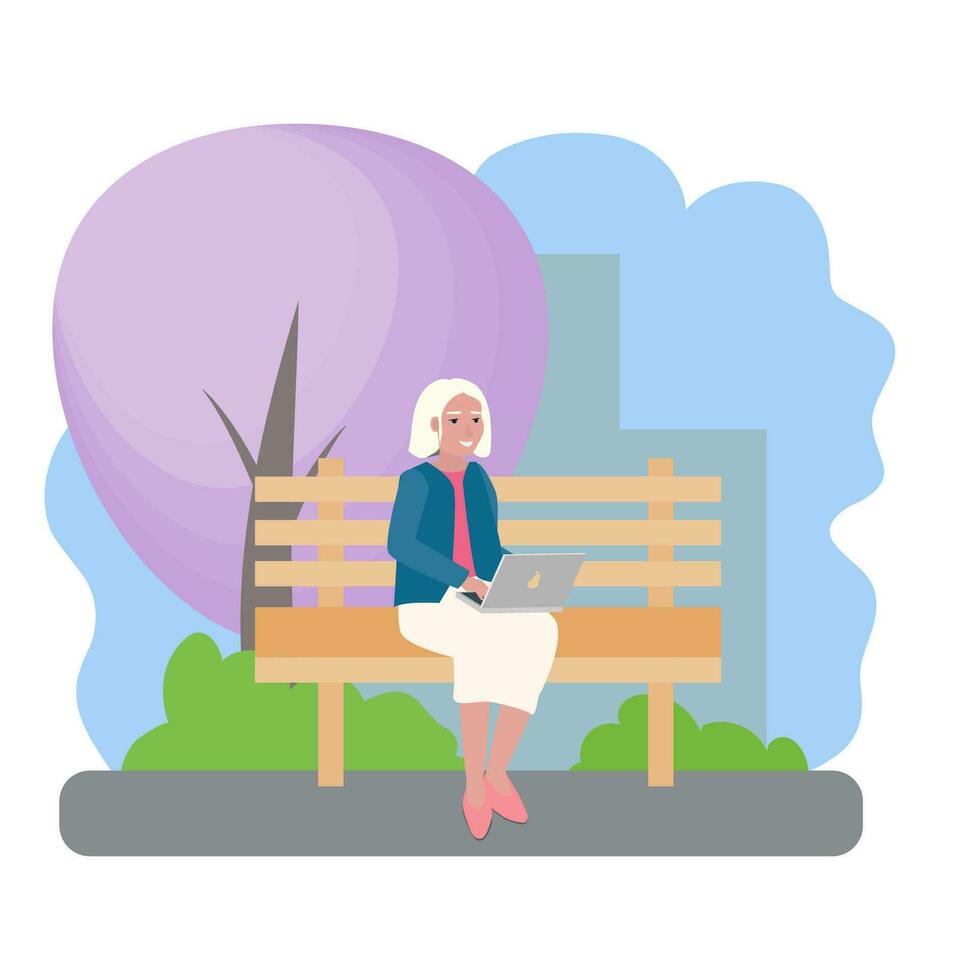 Vector illustration with an elderly woman in a park outside the city sitting on a bench with a laptop. Active lifestyle, senior citizens in nature, skyscrapers in the background