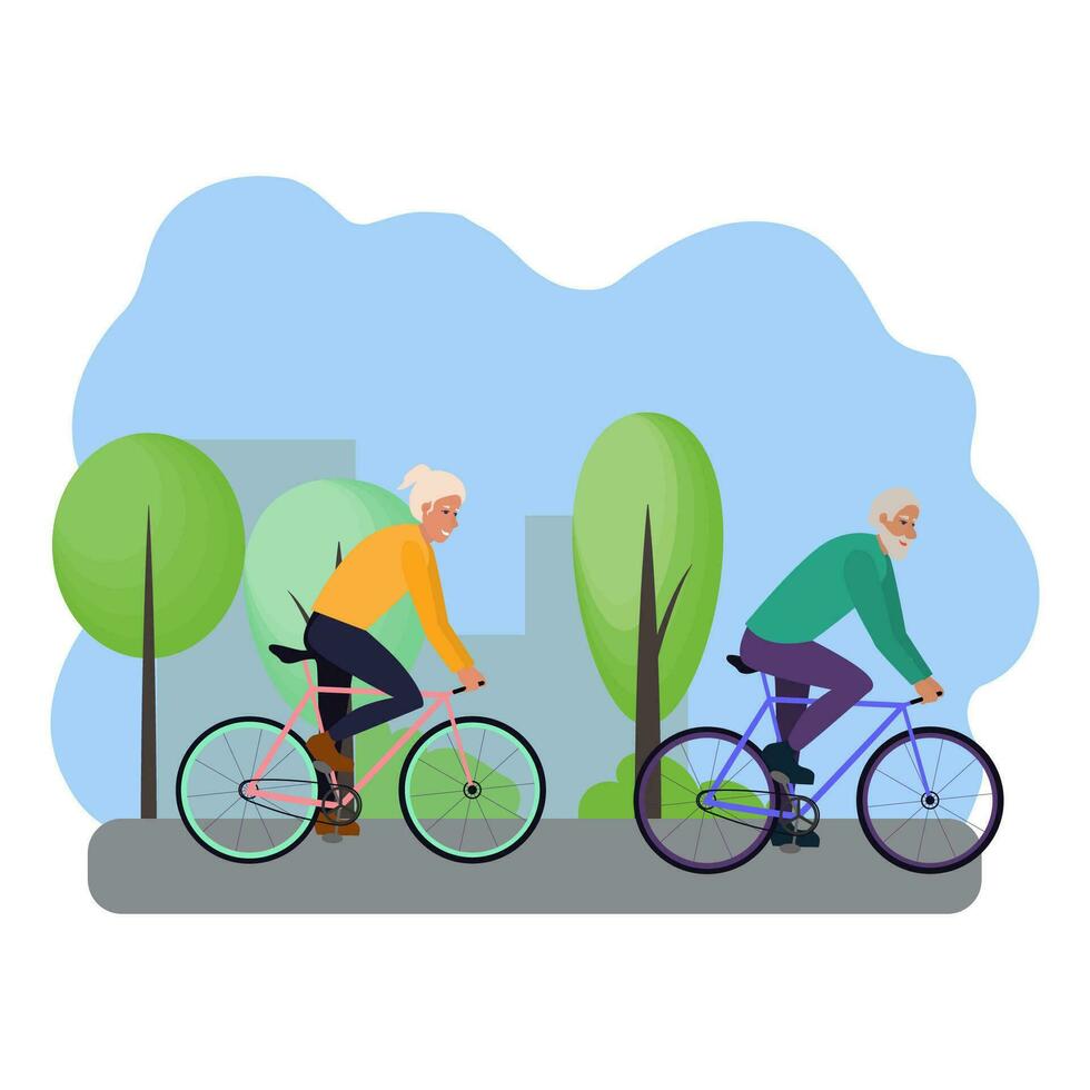 vector ilustración con un mayor hombre y mujer montando bicicletas en un parque fuera de el ciudad. activo estilo de vida para antiguo gente. alegre mayor Pareja.