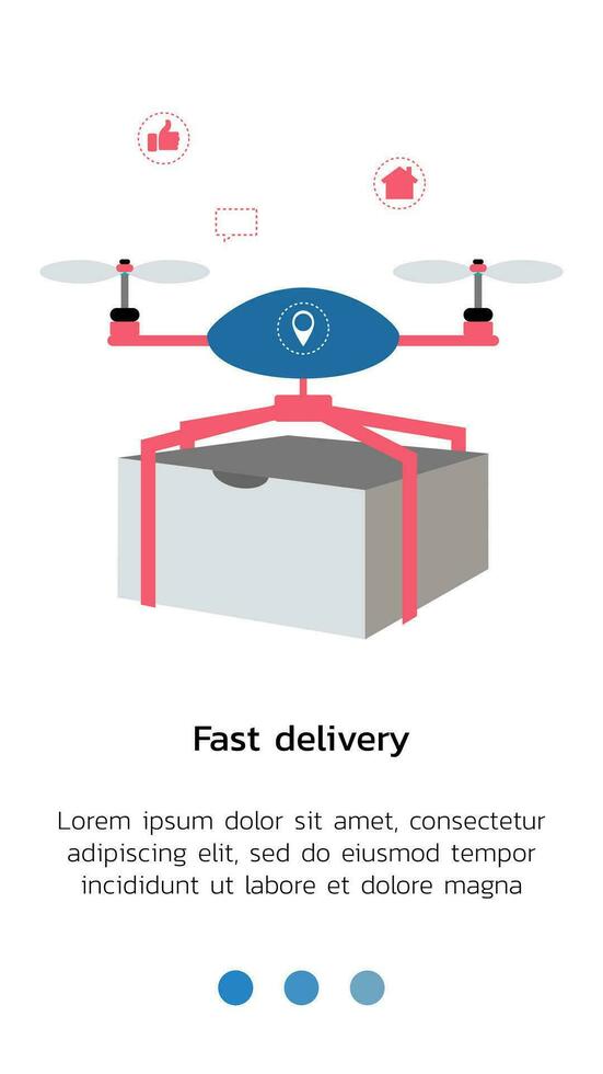 page for mobile application for contactless delivery. The drone flies with the delivery of the parcel. Fast delivery of food, appliances, shopping home. vector