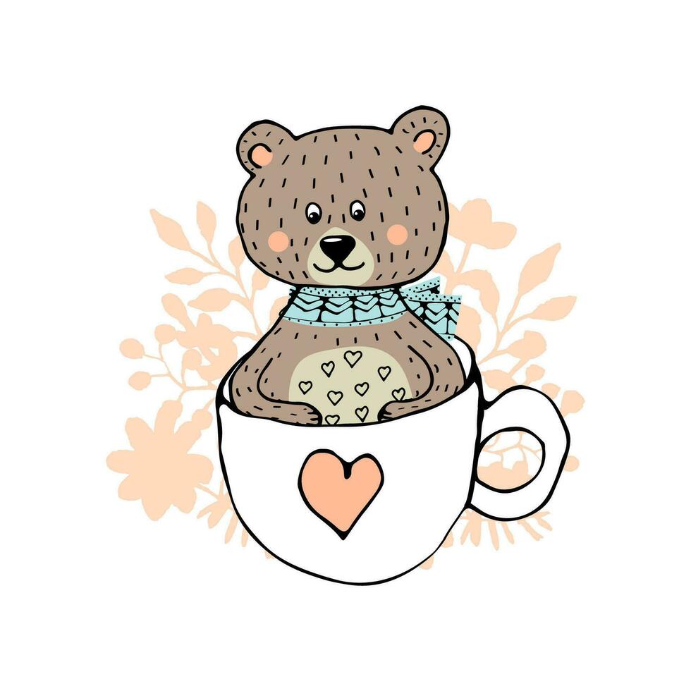 Cute hand drawn bear with hearts seat in the cup. post cards, t-shirts, kids posters. Cartoon vector illustration Scandinavian print for pillows, baby rug or blanket. Modern style poster or home decor