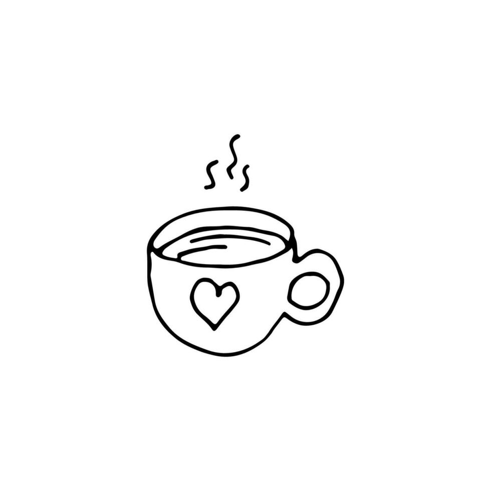 The single cup with tea. New Year and Christmas hand-drawn cup with heart. Doodle Xmas illustration for winter posters, stickers, cards design. Isolate, EPS8 vector