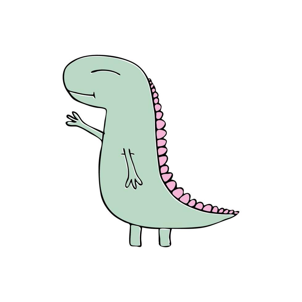 The dinosaur waves his hand in greeting. Cute illustrations for boys and girls, t-shirt prints, kids and adult design vector