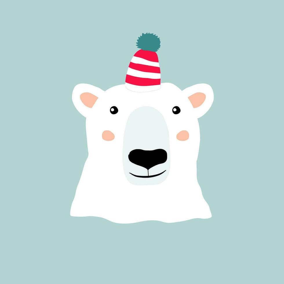 linda polar oso en un a rayas rojo sombrero nada en el agua. modelo para alegre Navidad y nuevo año tarjetas, saludos, pancartas o carteles vector