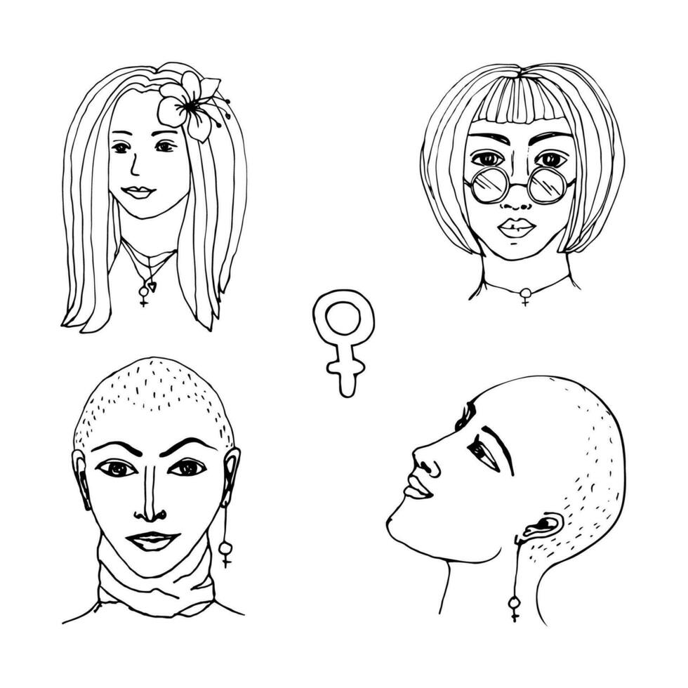 Vector illustration with a collection set of portraits of feminist girls in linear style. Outline drawings of 4 girls with a feminism badge. Bald and long-haired girl with glasses