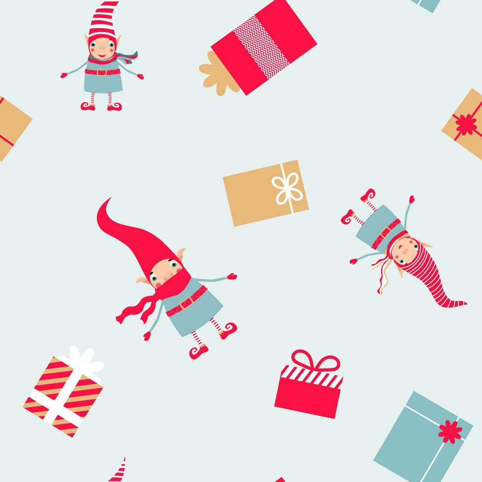 Seamless christmas pattern with elves in striped red hats and gift boxes. Pattern for merry Christmas and New Year cards, wrapping, wrapping paper, gift boxes, stationery and fabrics. vector