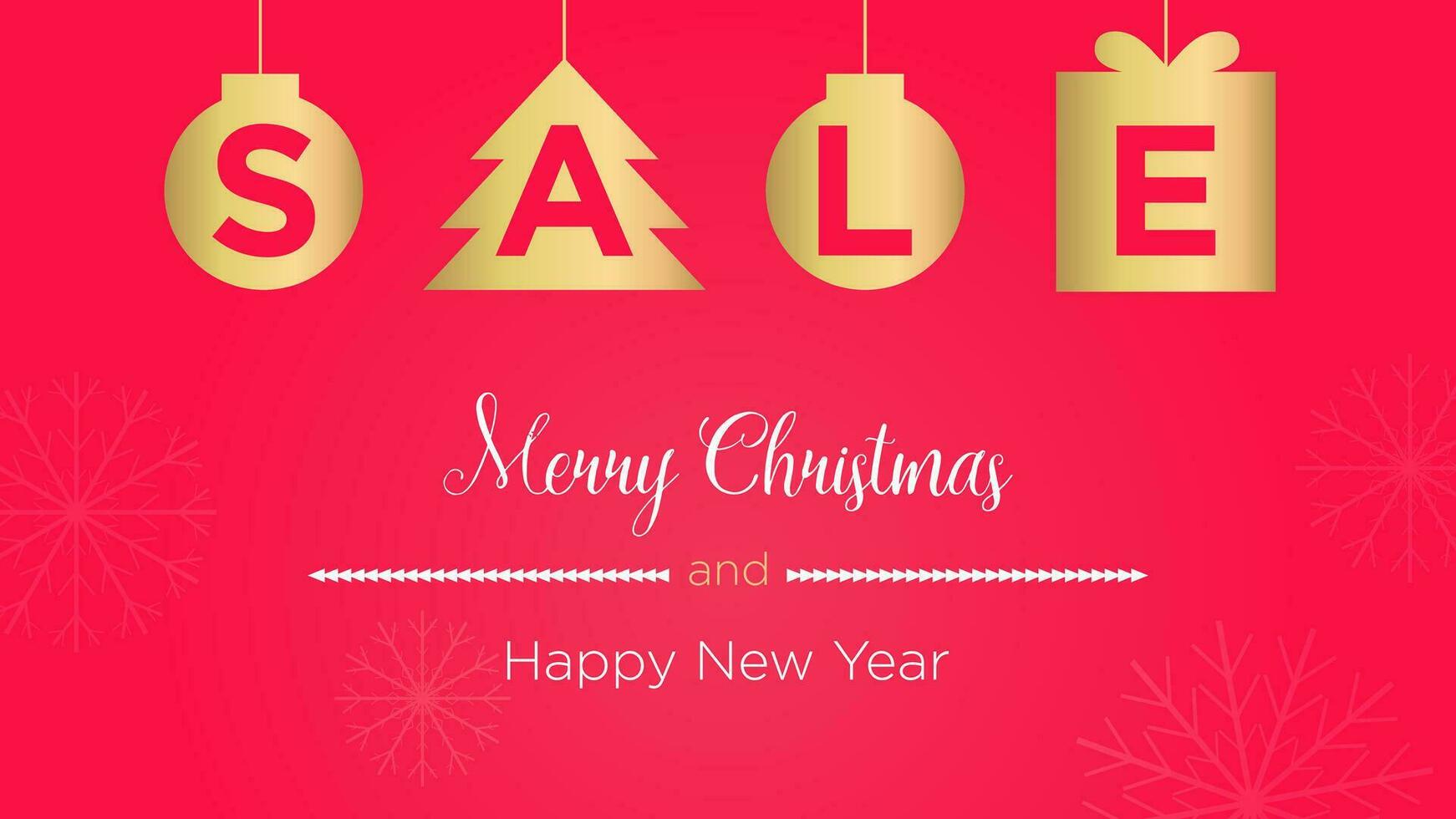 Christmas sale banner. Scribble sale on golden balls, Christmas tree and box on a red background with snowflakes. Template for advertising banner, poster, website screen. vector