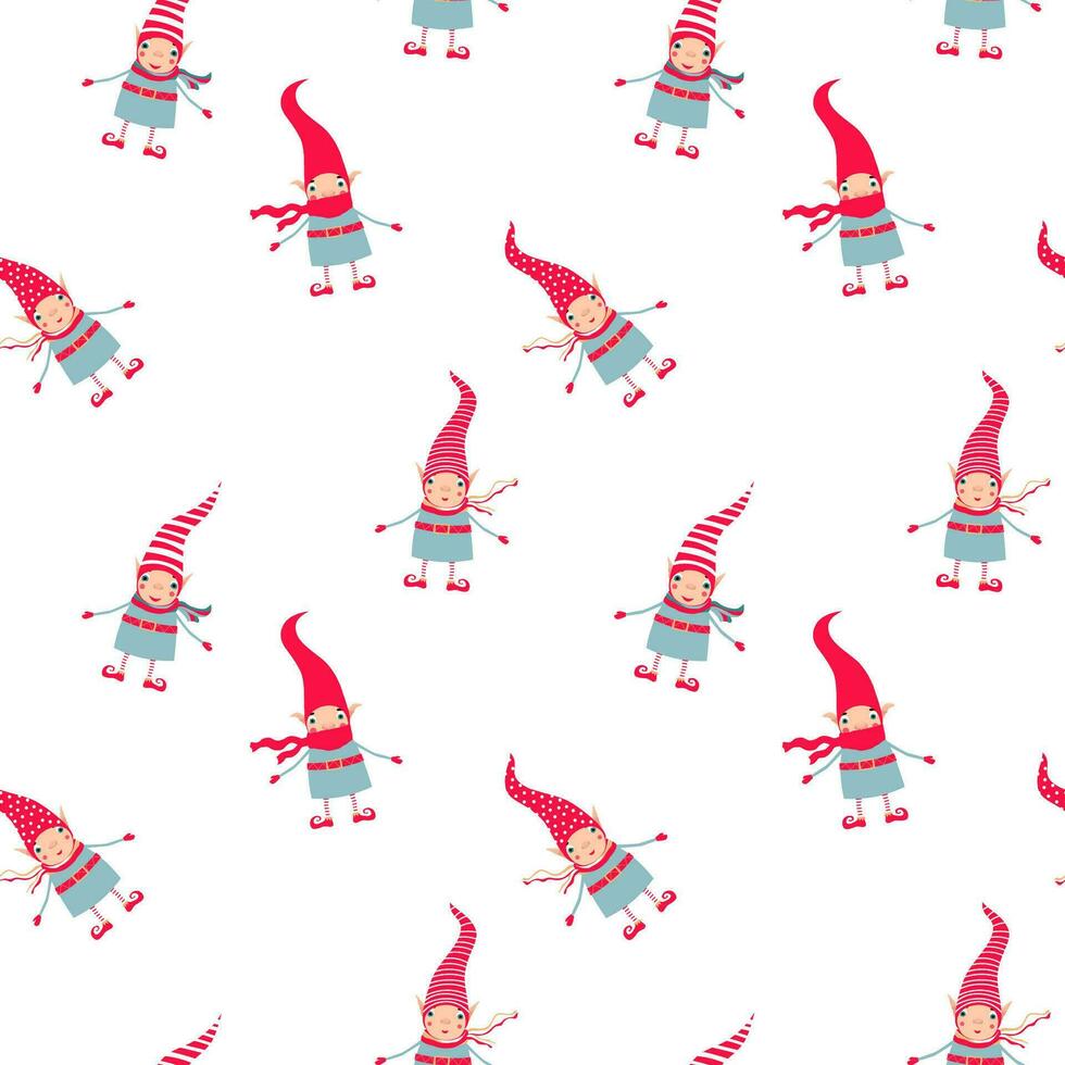 Stock vector illustration with seamless christmas pattern with elves in striped red hats. Pattern for merry Christmas and New Year cards, wrapping, wrapping paper, gift boxes, stationery and fabrics.
