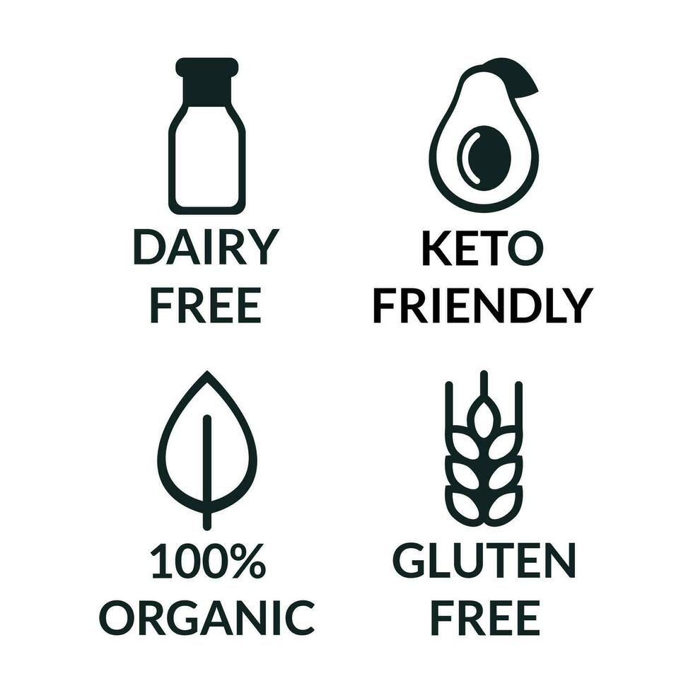 vector ilustración conjunto de seguro comida sin Alérgenos iconos ceto dieta iconos, lactosa y Leche gratis, gluten gratis, orgánico productos para etiquetas y embalaje