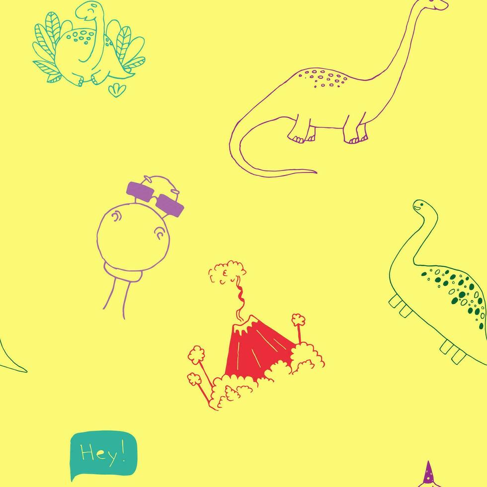 Vector illustration seamless pattern with dinosaurus on yellow background. Illustrations for boys prints on t-shirts, children design. Kids textile and fabric