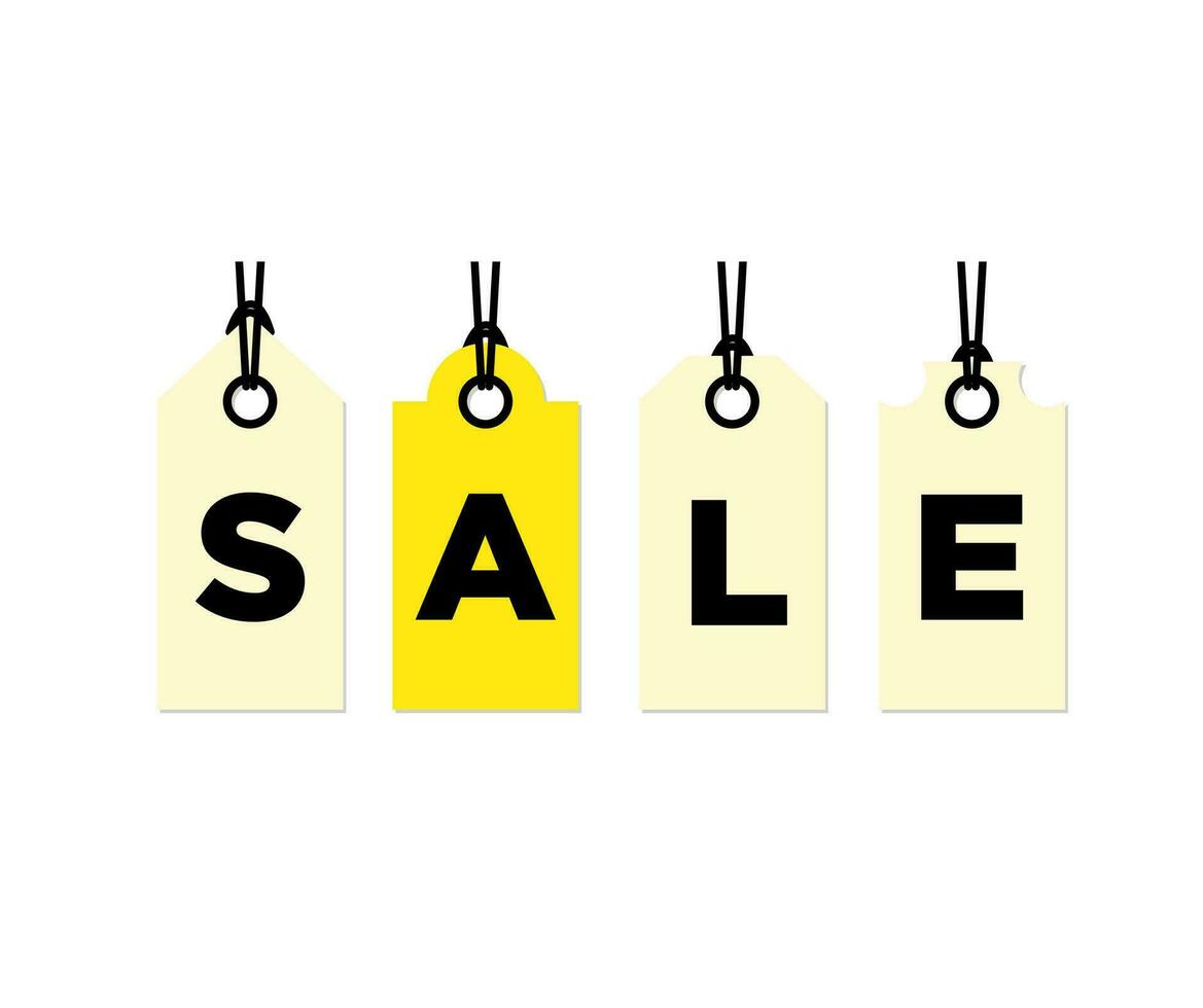 Sale signboard isolated on white background, labels hanging on ropes. For banner ads, big discounts and black friday vector