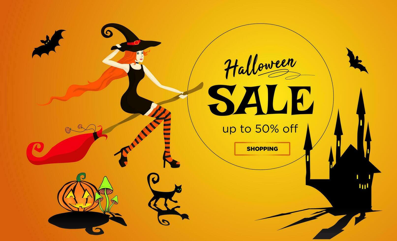 Halloween sale promotion poster, banner with a beautiful redhair witch flying on a broomstick, a black cat and dark castle. Glowing mushrooms and bats. Orange gradient background. vector