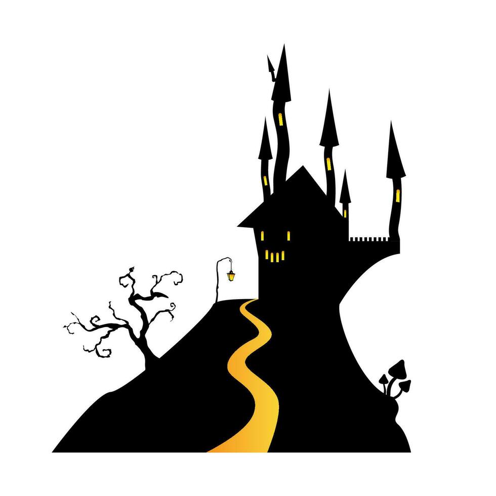 Vector illustration of a haunted castle on a hill. Halloween decorations, scary castle with monsters, mushrooms and a lantern