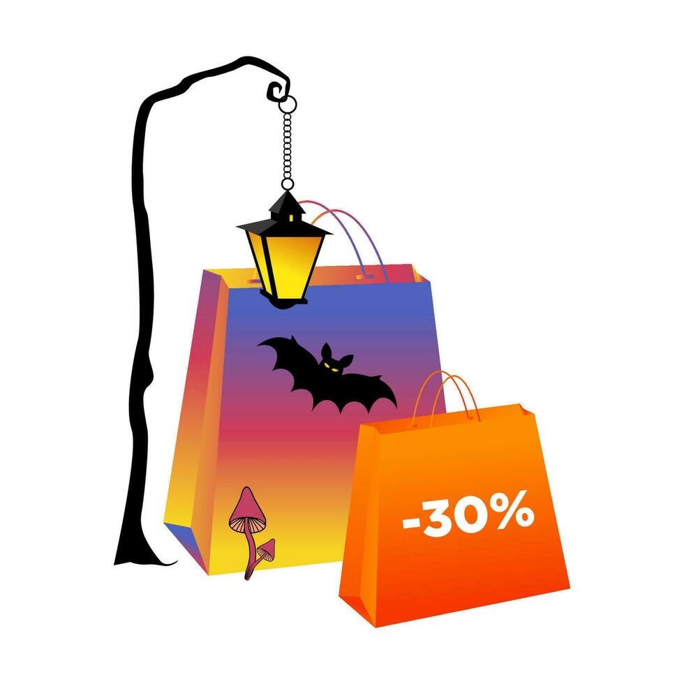 Halloween paper bags 30 percent discount. Purple and orange packets with bat and lantern, isolate, vector illustration