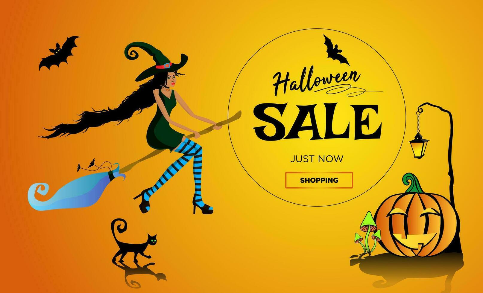 Halloween sale promotion poster, banner with a beautiful black witch flying on a broomstick, a black cat and a fun pumpkin. Glowing mushrooms and bats. Orange gradient background. vector