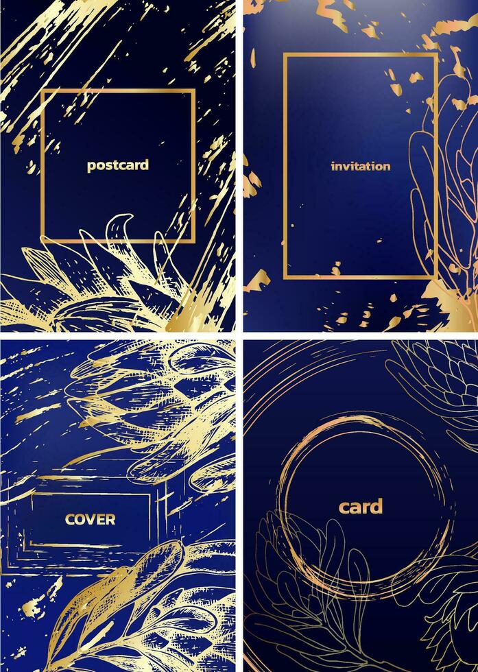 wedding or valentine's day cards with gold protea king flowers on blue. Spring and summer botanical  template for banner wedding or greeting card, postcard and cover. vector