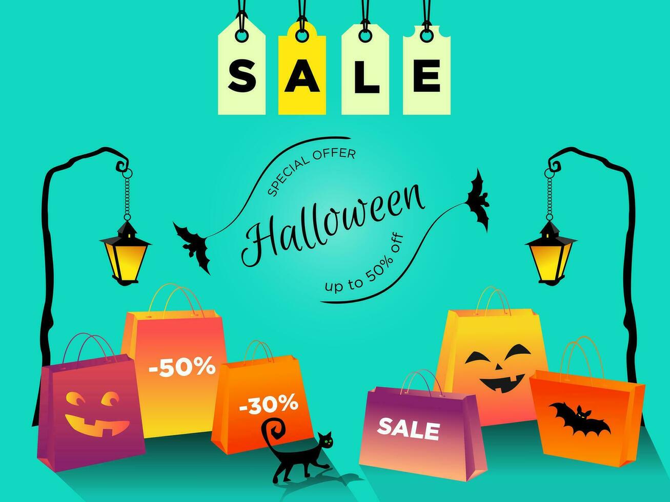 Halloween sale up to 50 off with sale labels. Sale promotion banner with bags, a black cat walking, bats flying. Saleing 30 and 50. Vector illustration EPS 10 on blue gradient background.