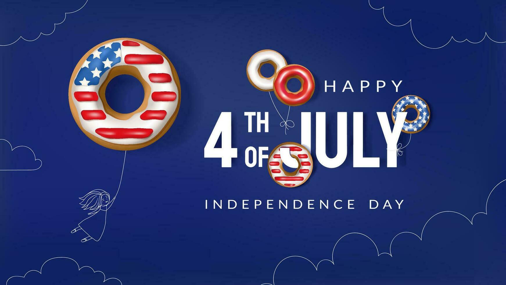 Banner of happy 4th july usa independence day on blue background. Donut balloons with the American flag and a girl flying on a balloon vector