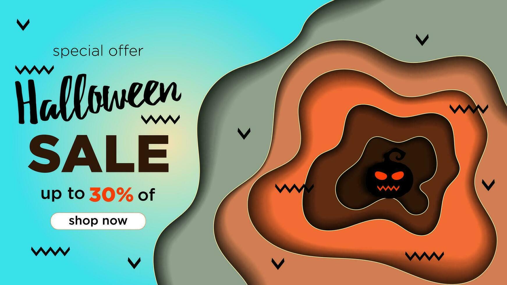 Happy Halloween sale banner or discount background with paper cut effect. Pumpkins in paper cut style. Vector illustration. Special offer saleing 30 on blue gradient background