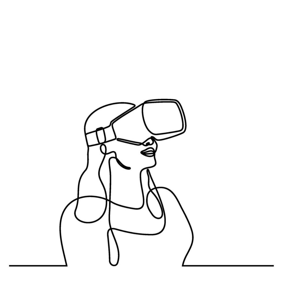 mujer vistiendo virtual realidad lentes dispositivo. metaverso concepto. continuo línea. mano dibujado. uno línea. línea Arte. logo diseño. vector