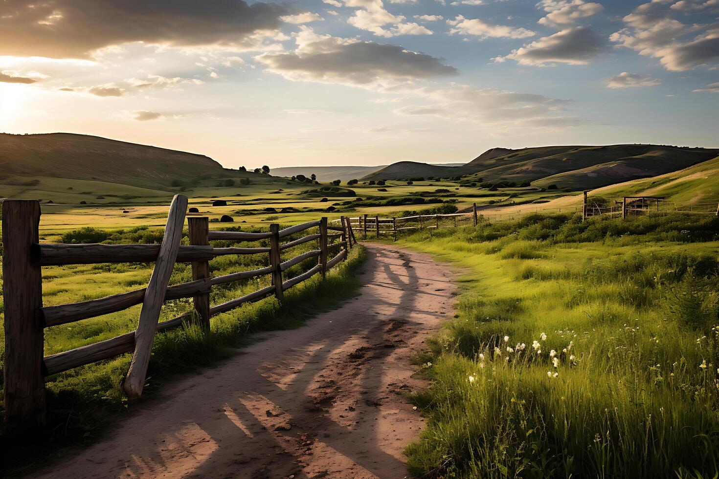 Country road in green field with wooden fence and blue sky with clouds photo