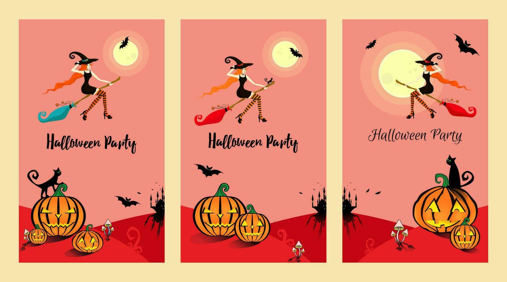 Halloween party set with 3 invitation banner or poster in pink and red backgrounds. Young beautiful witch in bright striped stockings flies on a broom at a party in honor of Halloween. vector