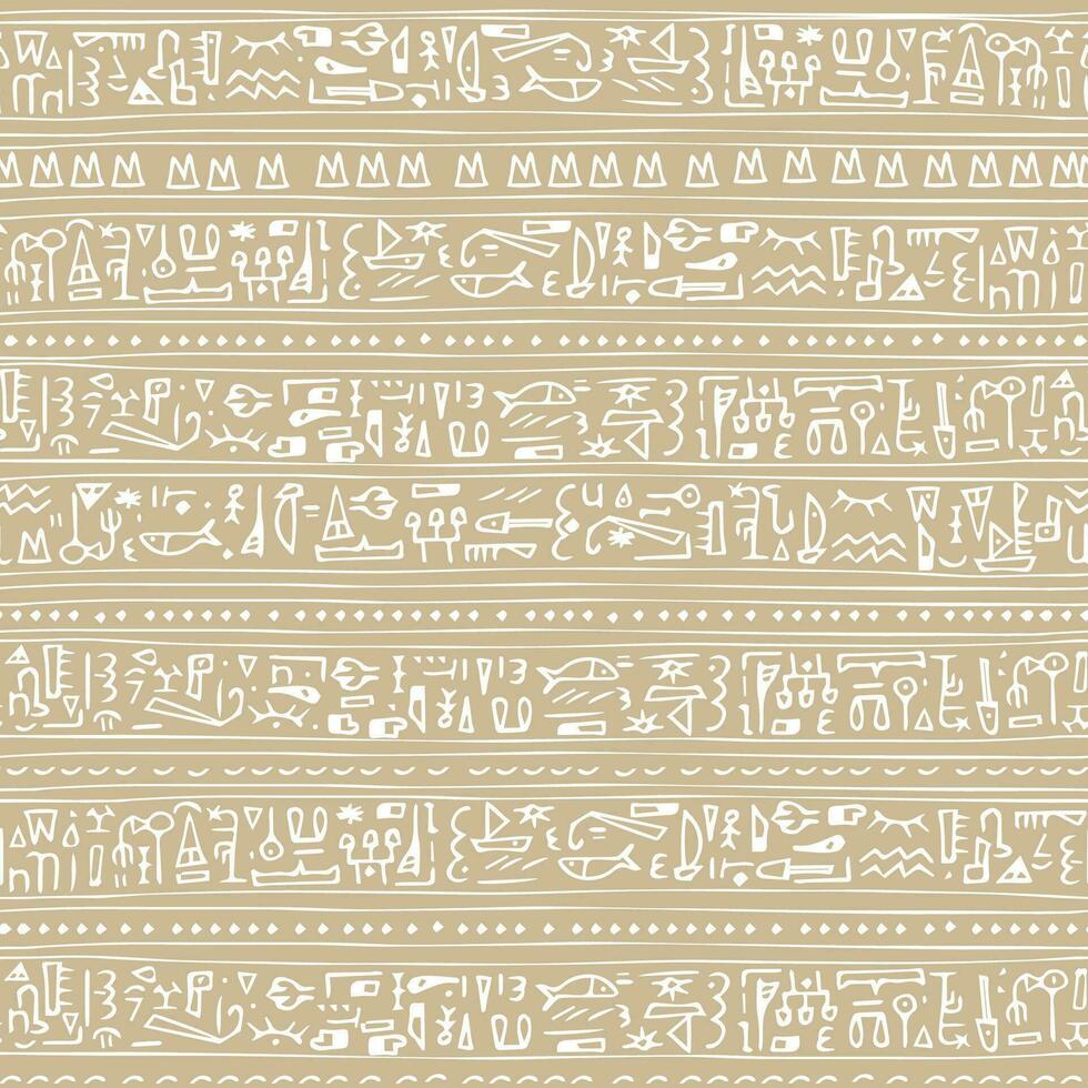 Beige white line hand drawn Boho vector seamless pattern border with egyptian symbols like hieroglyphs. It can be used for fabric, book cover, prints