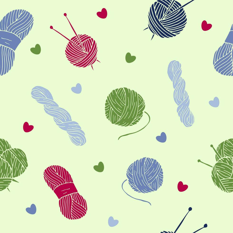 Seamless pattern with knitting elements , yarn, knitting needles and baboon, hand drawn knitting elements isolated on a light green background. vector